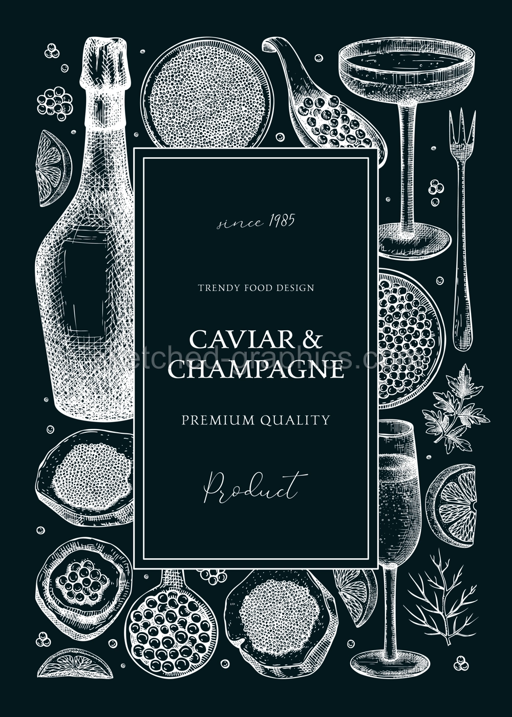 Caviar and champagne frame design on chalkboard. Hand drawn red caviar canape, canned black caviar, sparkling wine bottle, glasses sketches. Seafood vector background for prints, banners, menus Illustration